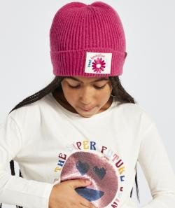 Bonnet fille en tricot rose avec patch fleuri et messages - 10-14 A