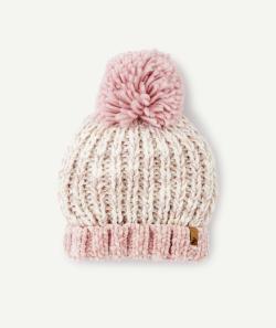 Bonnet fille rose pâle et blanc avec pompon - 2-4 A