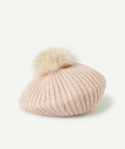 Béret fille en fibres recyclées tricot rose poudré avec pompon - 6-8 A