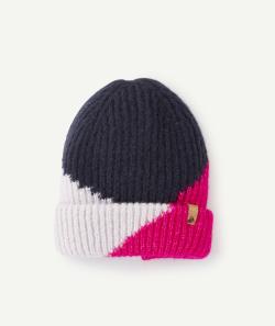 Bonnet tricot fille en fibres recyclées colorblock bleu rose et mauve - 6-8 A