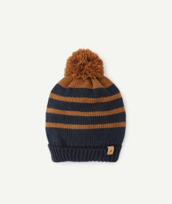 Bonnet garçon en fibres recyclées rayé marron et bleu marine - 6-8 A