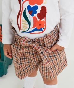Short droit bébé fille beige marron et rouge imprimé pied de poule - 9 M