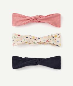 Lot de 3 bandeaux bébé fille à côtes rose marine et imprimé - TU