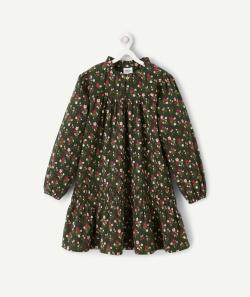 Robe fille verte et imprimée fleurie avec fronces et taille élastiquée - 5 A
