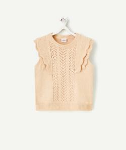 Pull sans manches fille beige en mailles ajourées et volants - 14 A