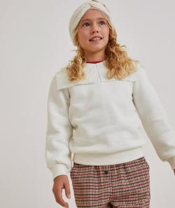 Sweat fille en fibres recyclées écru avec maxi col brodé - 4 A