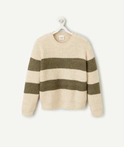 Pull tricot garçon en fibres recyclées écru imprimé à rayures kaki - 2-3 A