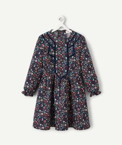 Robe fille bleue en coton et imprimée fleurie avec détails velours - 5 A