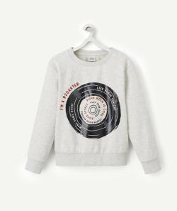 Sweat garçon en fibres recyclées gris chiné avec motif thème rock - 12 A