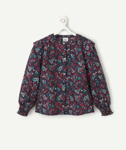Blouse fille en coton bleu marine et imprimée floral rouge et vert - 4 A