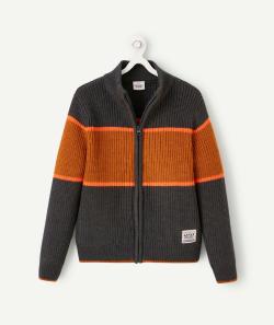 Gilet en tricot zippé garçon avec bandeaux gris foncé orange et marron - 5 A