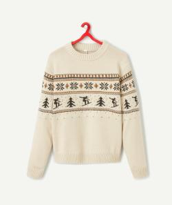 Pull jacquard mixte en tricot et fibres recyclées écru - XS