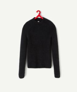 Pull matière douce fille noir au col montant - S