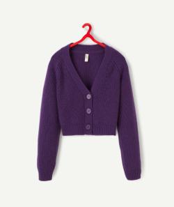 Cardigan tricot fille en fibres recyclées violet avec boutons - XXS