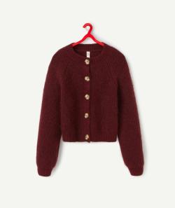 Cardigan tricot fille rouge foncé avec boutons effet écailles - XS