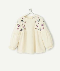 Chemise manches longues bébé fille écrue avec broderies fleuries - 12 M