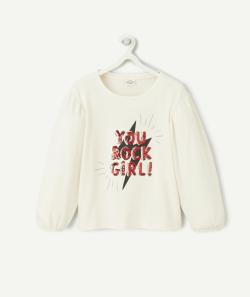 T-shirt fille en coton bio écru avec message rock en sequins - 10 A