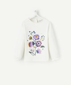 T-shirt bébé fille en coton bio écru avec fleurs en relief - 6 M