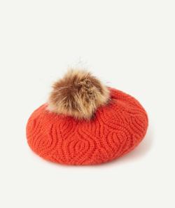 Béret en tricot fille en fibres recyclées rouge avec pompon - 2-4 A