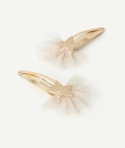 Lot de 2 barrettes fille couleur dorée avec étoiles pailletées en tulle - TU