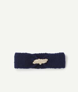 Bandeau tricot fille bleu marine avec feuille couleur dorée et pailletée - 2-6 A