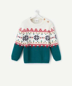 Pull de noël en tricot bébé garçon vert et écru avec détails colorés - 36 M
