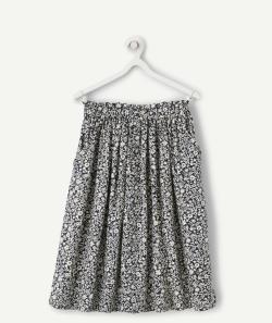 Jupe longue fille en viscose reponsable imprimée fleurie écru et bleu marine - 10 A