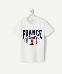 T-shirt garçon en coton bio blanc thème rugby brodé - 10 A