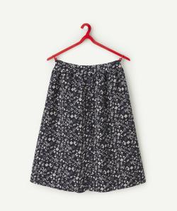 Jupe boutonnée fille en fibres recyclées bleu marine et imprimé fleuri blanc - XS