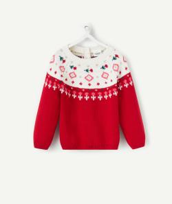 Pull de noël en tricot bébé fille rouge et écru - 36 M