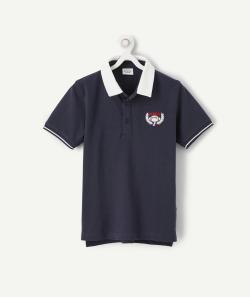Polo garçon en coton bio bleu marine et blanc thème rugby - 10 A