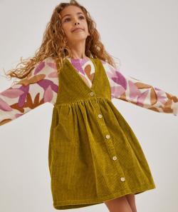 Robe tablier fille en velours vert olive - 12 A