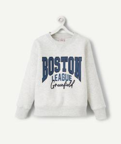 Sweat garçon en fibres recyclées gris chiné style campus avec message - 12 A