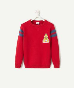 Pull manches longues garçon en coton biologique rouge avec patch brodé 