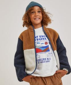 Gilet en sherpa zippé garçon bleu marine, camel et blanc - 8 A