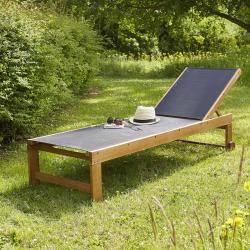 CODE BFRIDAY10, -10% sur Bain de soleil en bois massif acacia massif FSC et textilène noir, Acacia, Marron, H33 cm L186 l60 cm BERAH GETAH