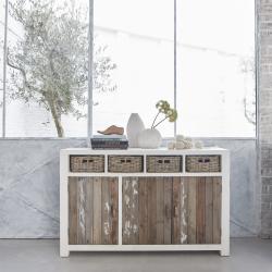 CODE BFRIDAY10, -10% sur Buffet en bois massif bois recyclé massif 143 cm, Pin recyclé, Patine blanchie effet Used, H90 cm L143 l49 cm BERAH GETAH