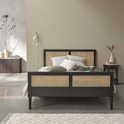 CODE BFRIDAY10, -10% sur Lit en bois massif mindi massif massif et cannage 160 cm, Acajou, Noir, H110 cm L215 l170 cm BERAH GETAH