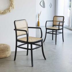 CODE BFRIDAY10, -10% sur Chaise en bois massif acajou massif et cannage (lot de 2), Acajou, Noir, H83 cm L53 l43 cm BERAH GETAH