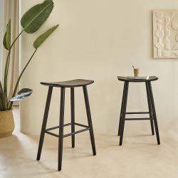 CODE BFRIDAY10, -10% sur Lot de 2 tabourets en bois massif teck massif noir 75 cm, Teck, Noir, H77 cm L48 l35 cm BERAH GETAH