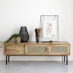 CODE BFRIDAY10, -10% sur Meuble TV en bois massif mindi massif et cannage 140 cm, Mindy, Naturel, H45 cm L140 l45 cm BERAH GETAH