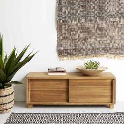 CODE BFRIDAY10, -10% sur Meuble TV en bois massif teck massif 100 cm, Teck, Naturel, H35 cm L100 l35 cm BERAH GETAH