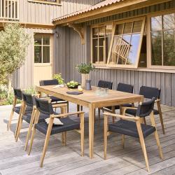 CODE BFRIDAY10, -10% sur Salon de jardin en bois massif teck massif et cordage noir 8 places, Teck, Naturel, H75 cm L200 l100 cm BERAH GETAH