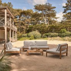 CODE BFRIDAY10, -10% sur Salon de jardin en bois massif teck massif rayé blanc et taupe, Teck, Naturel, H78 cm L205 l94 cm BERAH GETAH