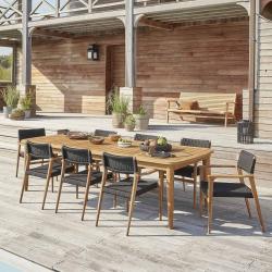 CODE BFRIDAY10, -10% sur Salon de jardin en bois massif teck recyclé et cordage noir extensible 8/10 places, Teck recyclé, Naturel, H75 cm L270 l110